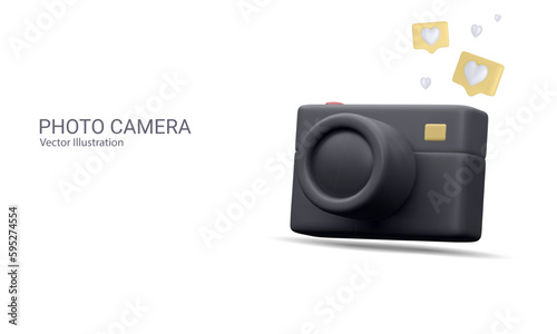 Social media content banner in 3d realistic style with camera and social icons. Vector illustration