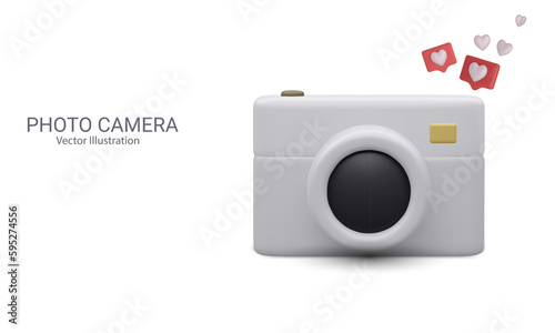 Social media content banner in 3d realistic style with camera and social icons. Vector illustration