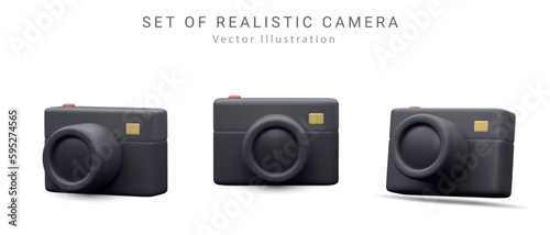 Set of 3d realistic render black camera with shadow isolated on white background. social media concept .Vector illustration 3D