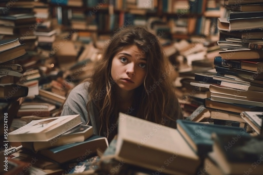 a desperate looking girl completely surrounded by books. generative AI a desperate looking girl completely surrounded by books. generative AI