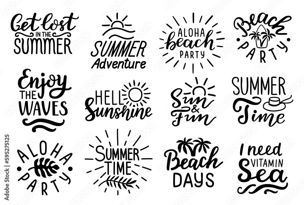 Summer adventure, Hello sunshine, Aloha beach party, Enjoy the waves, Sun  and fun hand lettering quotes. Handwritten decorative phrases. EPS 10  isolated vector illustration for prints, cutting designs Stock Vector |  Adobe Stock