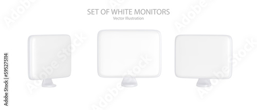  Set of white monitors display at different position. Cartoon 3d monitors. . Realistic cartoon computer monitor icons . Screen mockup. 3D vector illustration