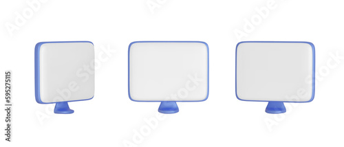 Set of blue  monitors display at different position.  Cartoon 3d monitors. . Realistic cartoon  computer monitor icons . Screen mockup. 3D vector illustration