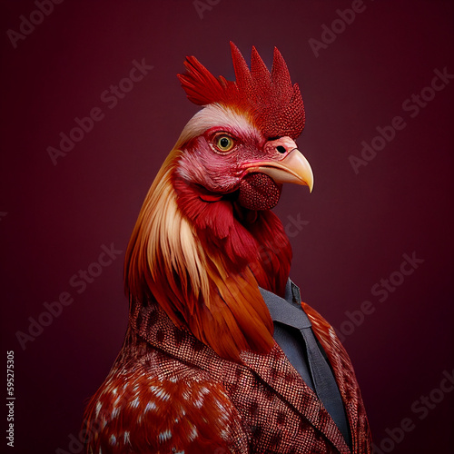 Realistic lifelike chicken bird in dapper high end luxury formal suit and shirt, commercial, editorial advertisement, surreal surrealism. 