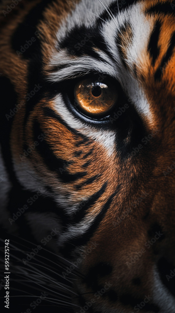 Beautiful close-up of the eye of a Tiger on black background, Panthera tigris, generative AI