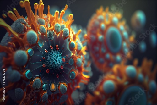 Virus, COVID, Coronavirus 2019-nCov. SARS-CoV-2. Background. Macro. Colorful abstract. Illustration. Generative ai