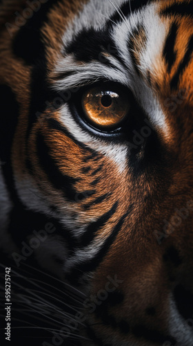 Beautiful close-up of the eye of a Tiger on black background  Panthera tigris  generative AI