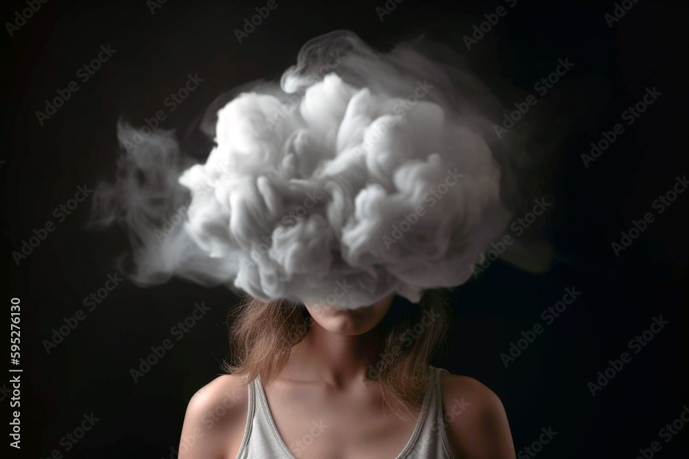 Young woman with her head in cloud. Depression, loneliness and mental health concept. Psychology theme, dreaming, having racing thoughts in mind. Concept of memory loss, dementia. AI generated