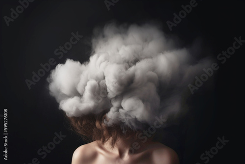 Young woman with her head in cloud. Depression, loneliness and mental health concept. Psychology theme, dreaming, having racing thoughts in mind. Concept of memory loss, dementia. AI generated
