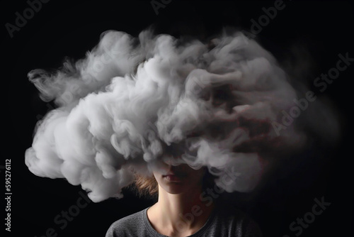 Young woman with her head in cloud. Depression, loneliness and mental health concept. Psychology theme, dreaming, having racing thoughts in mind. Concept of memory loss, dementia. AI generated