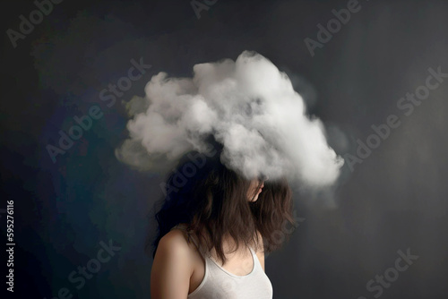 Young woman with her head in cloud. Depression, loneliness and mental health concept. Psychology theme, dreaming, having racing thoughts in mind. Concept of memory loss, dementia. AI generated photo
