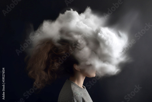 Fototapeta Young woman with her head in cloud