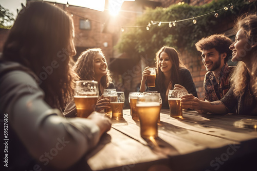 Friends gather at a bustling brewery, sampling different beers and sharing stories while basking in the warmth of the pub's friendly ambiance ai generated illustration © mihail