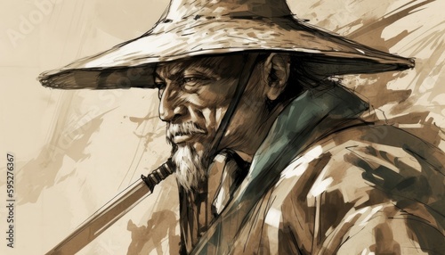 A draw of a chinese old man with a coolie hat ai, ai generative, illustration