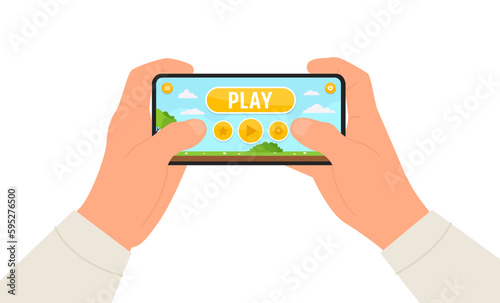 Person playing games on smartphone. Human hands holding phone with video games. Flat vector illustration of online gaming.