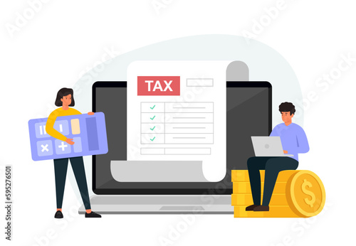 Online tax payment concept. Characters using laptop to filling tax declaration form online. Flat vector illustration isolated on white background.