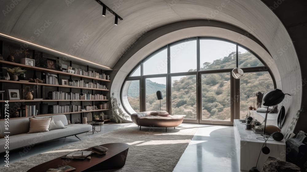 Obraz premium Luxurious living room with panoramic windows and lots of books created using generativ AI tools