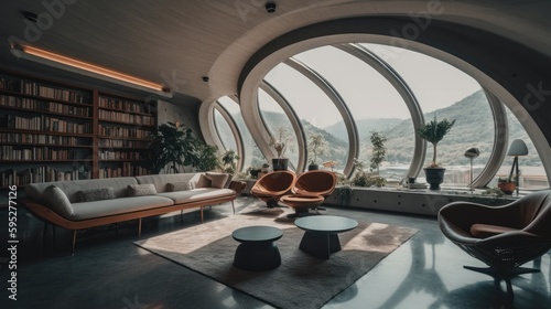 Luxurious living room with panoramic windows and lots of books created using generativ AI tools