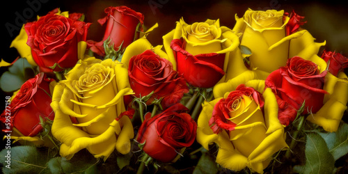 Background of red and yellow roses closeup
