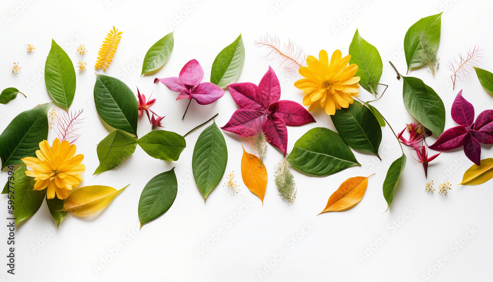 Colourful tropical flowers and leaves White background