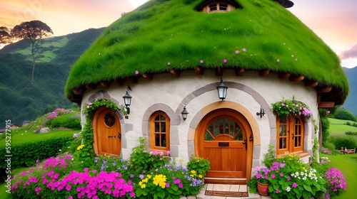 Fotografiet A charming hobbit house nestled in a lush green hillside