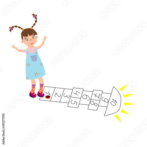Active young girl,kid playing hopscotch, having fun jumping..Preschool girl playing in jumping hopscotch game on playground. Outdoor daily activity in kindergarten. Vector cartoon illustration.