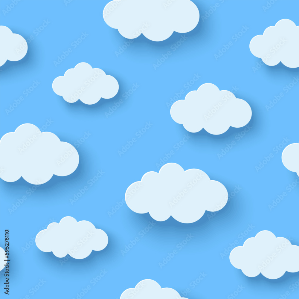 Seamless pattern with beautiful fluffy clouds on blue sky background. Vector illustration. Paper cut style. Summer cute baby wallpaper