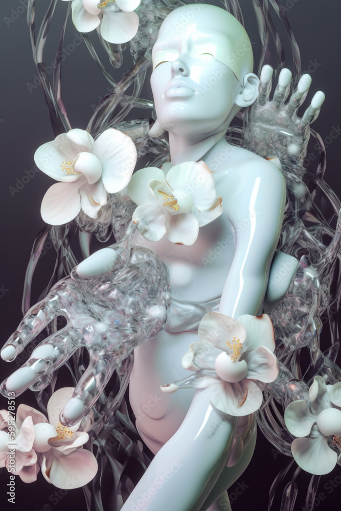 abstract 3D illustration with white orchids hands leg, Generative AI