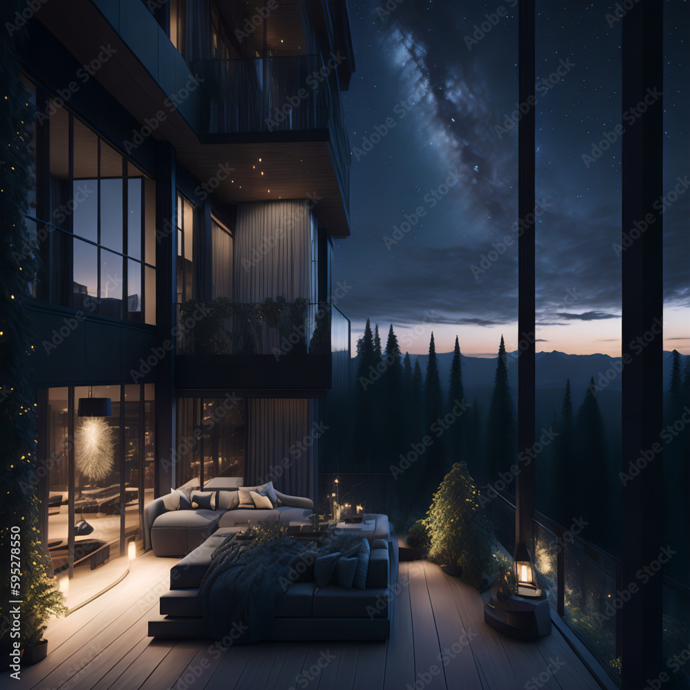 A luxurious penthouse suite  overlooking the forest