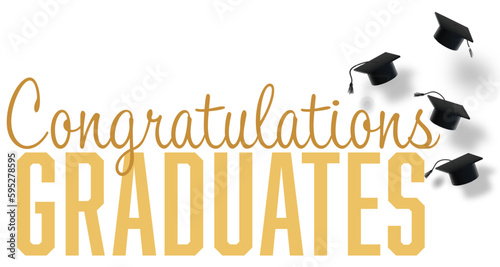 Graduation Banner Sign Gold Text Congratulations Graduates with Caps Tossed into the Air