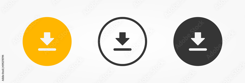 3D download button icon. Upload icon. Down arrow bottom side symbol. Click here button. Save cloud icon push button for UI UX, website, mobile application.