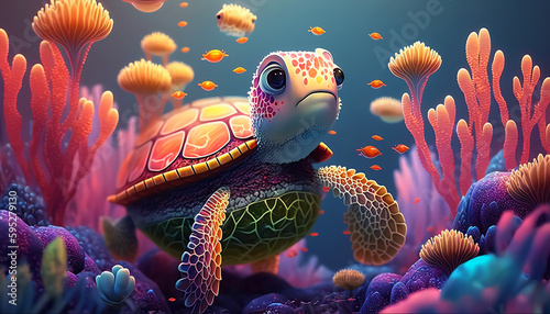 Cute beautiful turtle underwater against the background of corrals generative ai 