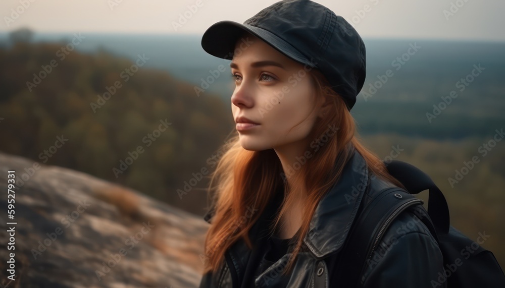 Young beatiful girl traveler in mountains. Travel and active lifestyle concept. Generative AI Young beatiful girl traveler in mountains. Travel and active lifestyle concept. Generative AI