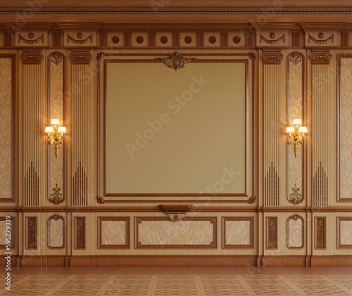A classic interior with wood paneling. 3d rendering