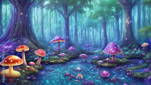 Enchanted Forest at Night with Glowing Mushrooms Generative AI