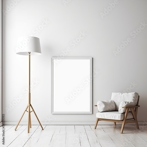 Emptry picture frame in a minimalist clean spacious room. Mockup template for art/design placement created using generative AI tools photo