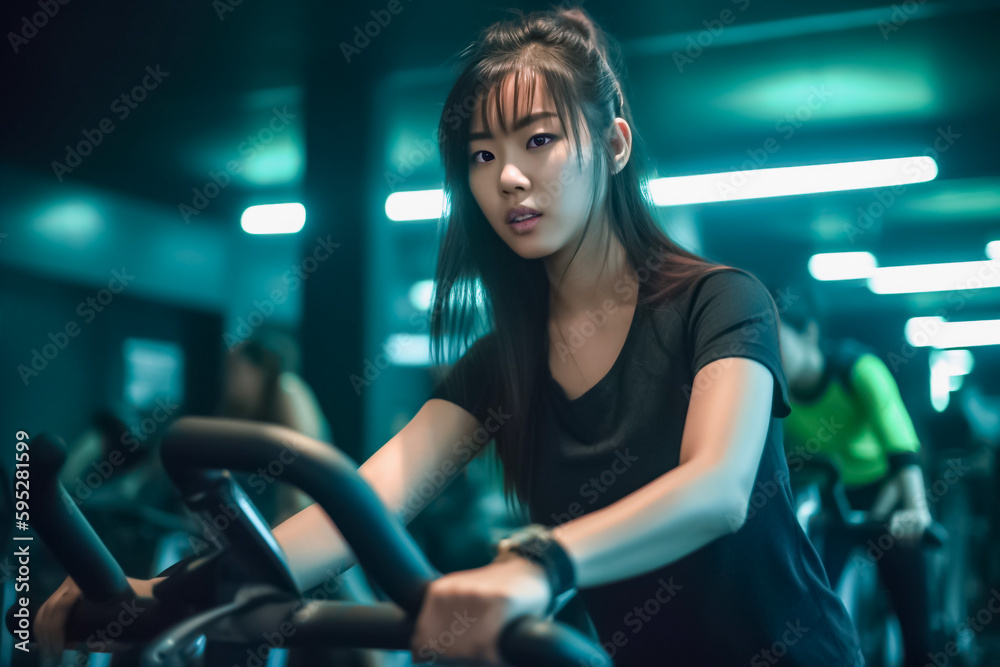 Asian woman cycling on a stationary bike in a dimly lit gym. Good fitness or wellness projects,  the intensity and determination of an indoor cycling workout. generative AI