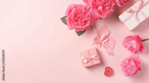 Roses et cadeaux, fond rose,  fêtes des mères ou Saint-Valentin