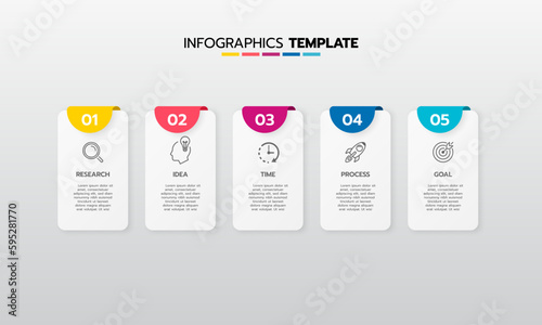 Business infographic template process with simple geometry square, rectangle, circle, triangle, curves in flat design template with thin line icons and 5 options or steps. Vector illustration.