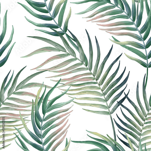 Seamless floral pattern with tropical palm leaves hand-drawn painted in watercolor style. The seamless pattern can be used on a variety of surfaces, wallpaper, textiles or packaging