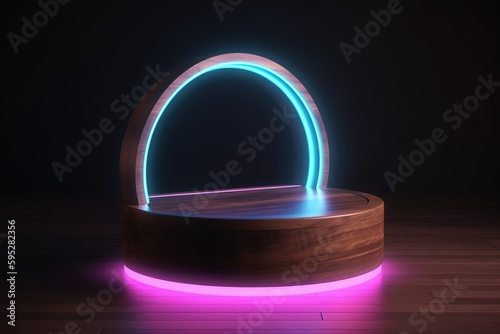 wooden podium with neon lights