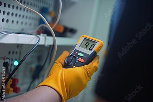closeup worker tester measuring voltage and current of power electric line in electical cabinet control