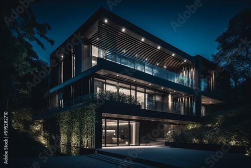 Contemporary mansion at night. Generative AI