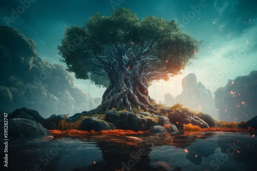 A mystical elemental tree in a fantastical world. Generative AI © Elina