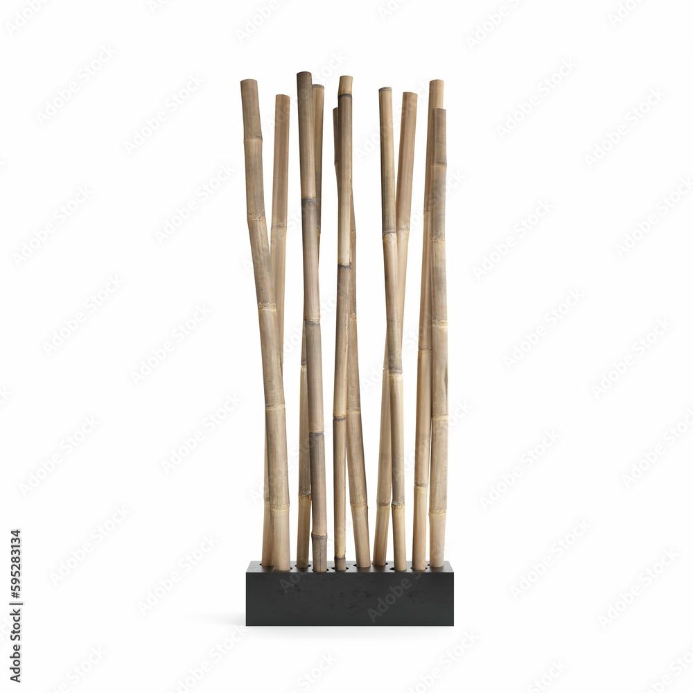 Obraz premium 3D rendering of a base with a pile of bamboo sticks atop it against a white background.