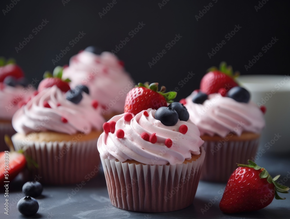 Homemade pink sweet cupcake with strawberries. Generative AI Homemade pink sweet cupcake with strawberries. Generative AI