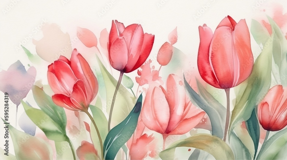 Beautiful tranquil watercolor background wallpaper of red tulips in bloom. Generative AI