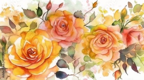 Beautiful watercolor of yellow and orange roses  soft pastel desktop background wallpaper. Wedding invitation d  cor. Generative AI.