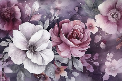 Beautiful watercolor of pink, red and white roses and peony flowers, soft pastel bouquet. Desktop background wallpaper. Generative AI.