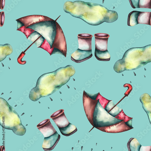 Pattern. Watercolor baby illustration. Watercolor baby pattern with ducklings, boots umbrella and ships